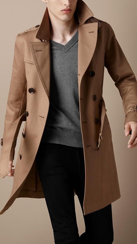 Trench coat over cardigan