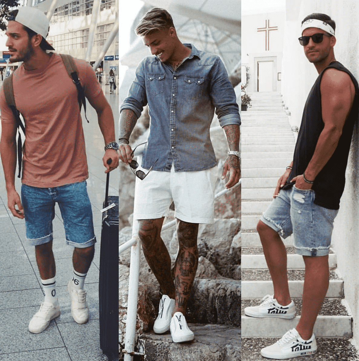 men outfits with denim shorts