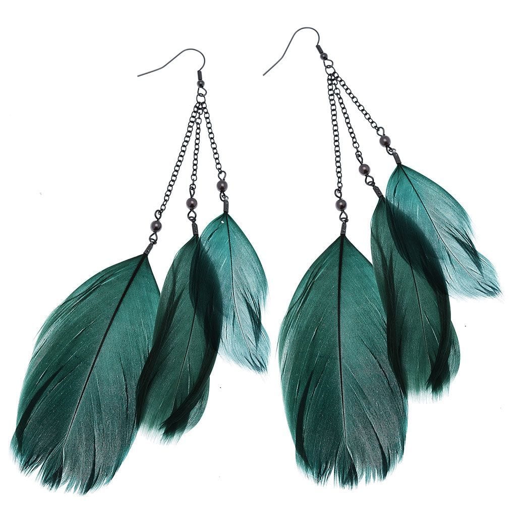 green feather drop earrings