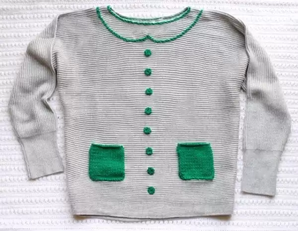 SWEATER MAKEOVER – NEW COLLAR, CROCHET BUTTONS, AND KNIT POCKETS