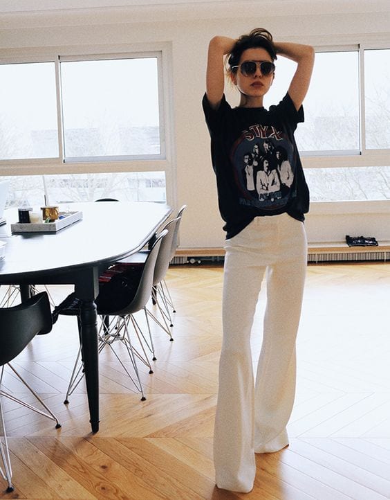 white wide leg pants with tee
