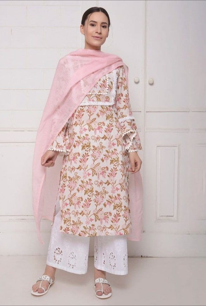 White Ikat Brocade With Colourful Mirror Work Embroidered Kurta and Palazzo  Pants With Net Dupatta And Colouful Tassels