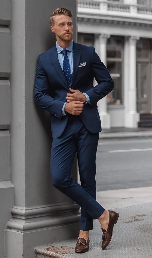 styling blue suit with brown shoes for men 6