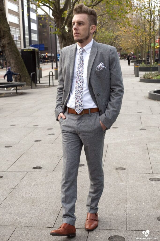 mens-denim-jacket-grey-pants-brown-suede-double-monk-strap-shoes -spring-business-casual-date-outfit-ideas-3 - He Spoke Style