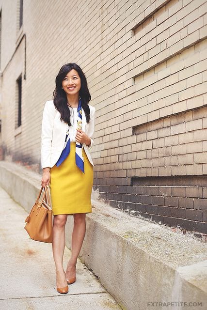 How to wear yellow for your skin tone, yellow skirt outfit, spring style,  petite fashion blog | Just A Tina Bit