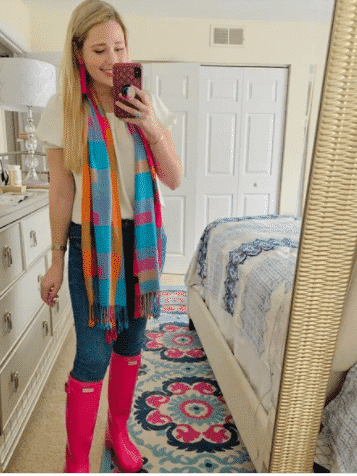Colorful Scarf and Bright Pink Rain Boots
