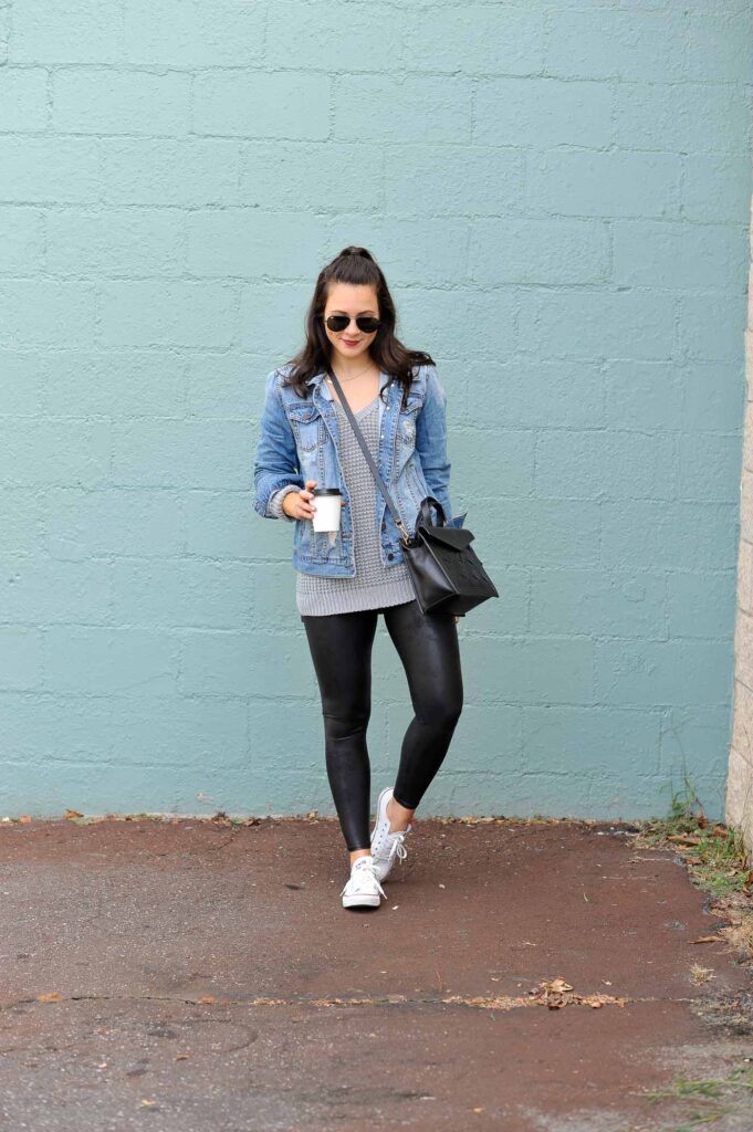 Black legging with Denim Jacket and Sneakers