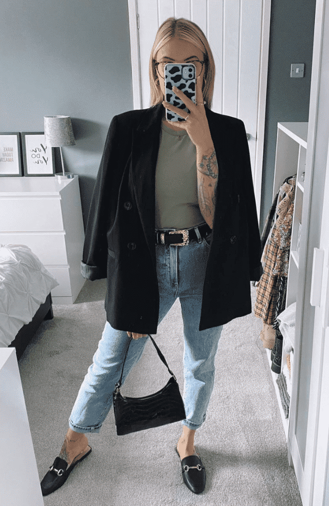 Black blazer with mom jeans