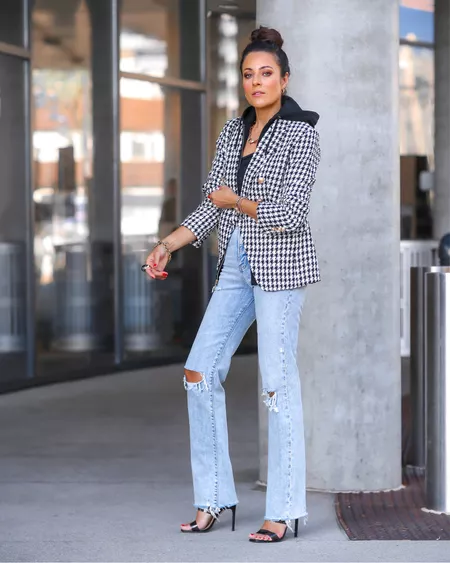 high waisted jeans with gingham coat