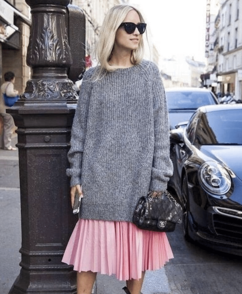 Accordion skirt and long sweater outfit