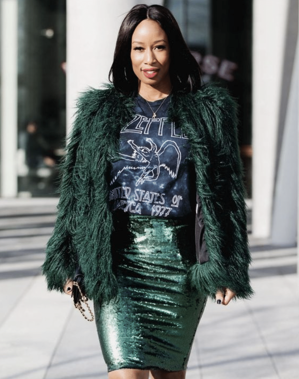 Feathery blazer green sequin skirt outfit