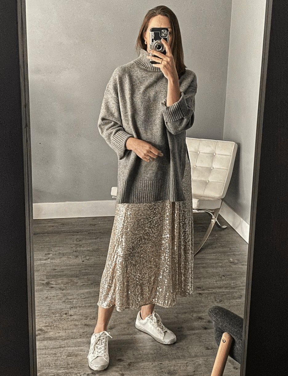 Laid back sequin skirt outfit