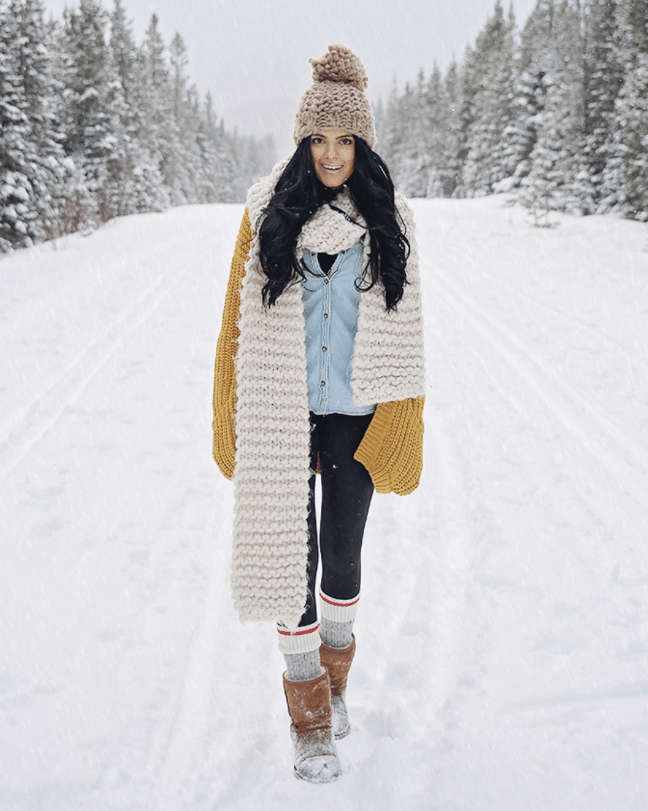 Large woven scarf ski trip outfit