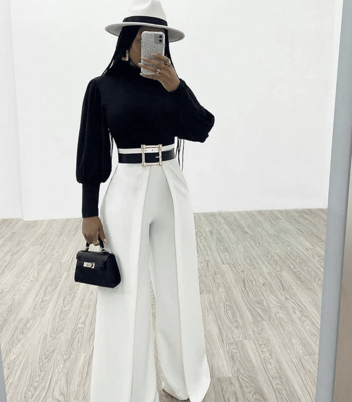 Long white Wide pants black and white outfit
