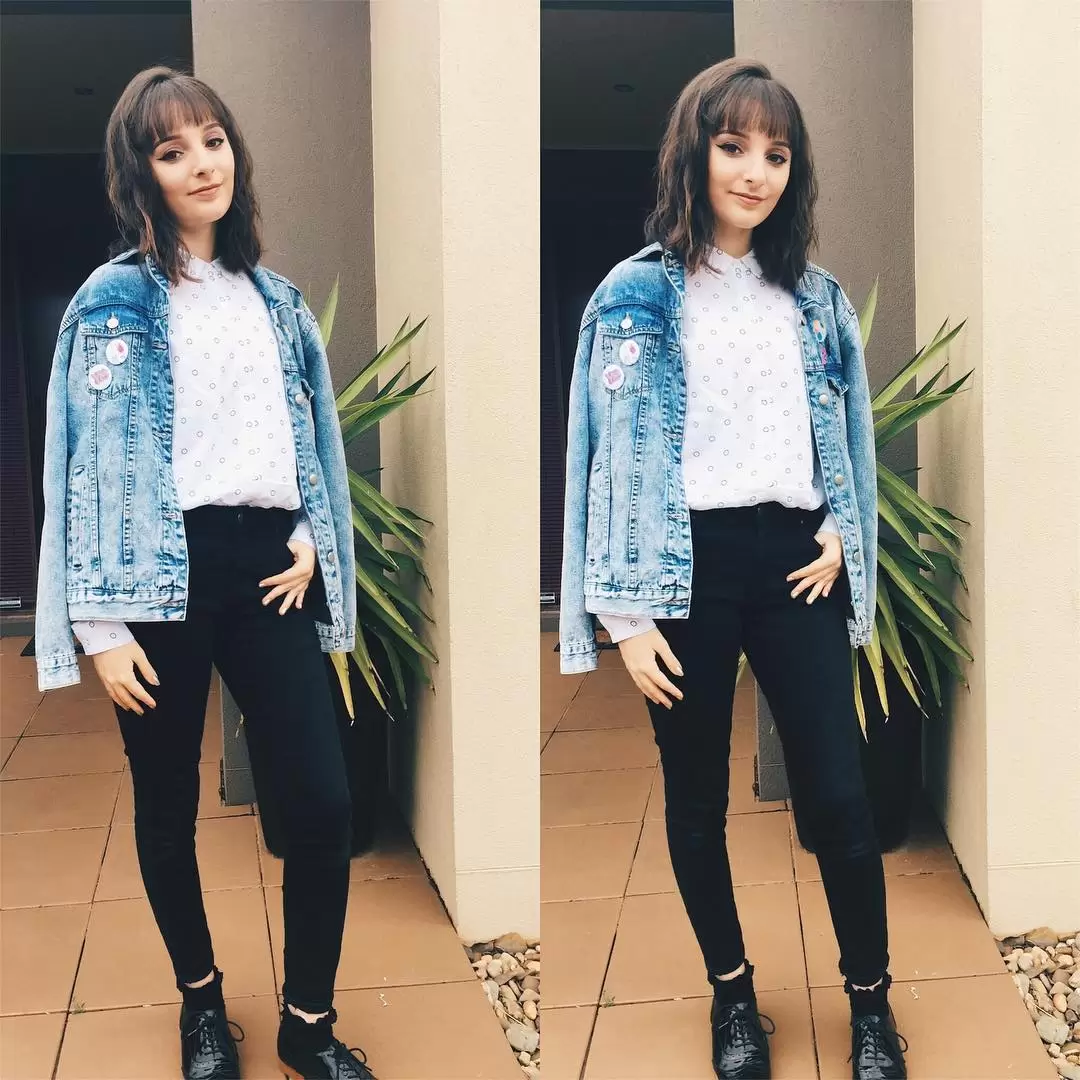 Denim jacket, black pants