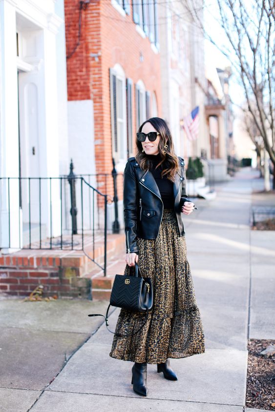 Leather jacket and maxi skirt fall outfit