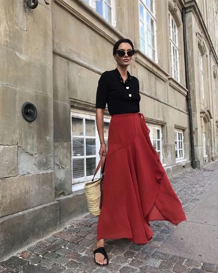 Parisian style vibrant red maxi skirt
