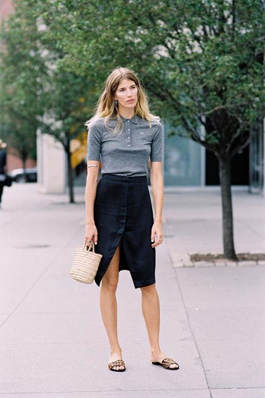 Grey polo black skirt