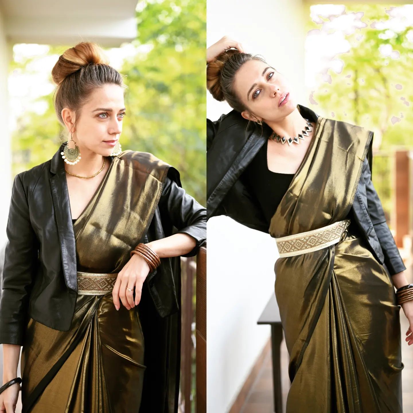 Saree-with-black-leather-jacket