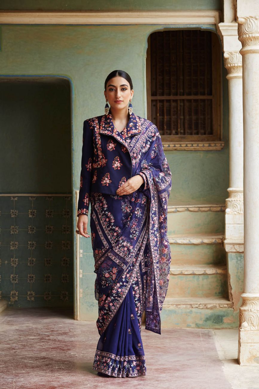 saree with embroidered biker jacket